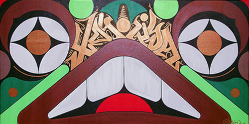 beaver with 'xoyotiya' graffiti, acrylic on canvas 24 by 48 inches