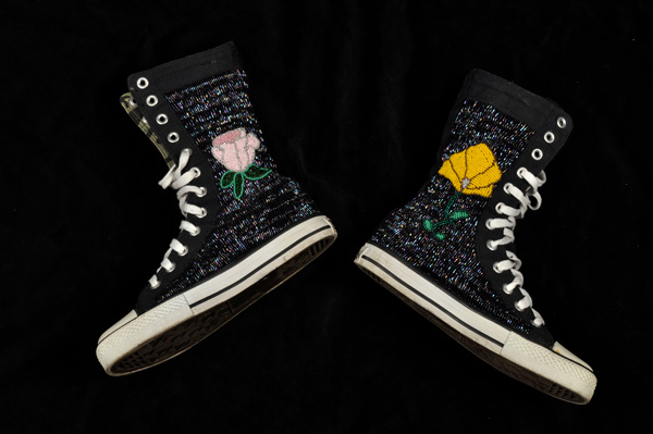 Neskonlith Beaded Shoes, custom beads and canvas sneakers, 2007