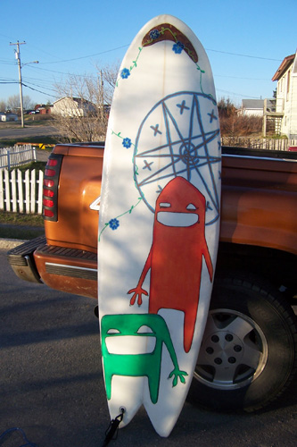 Traditional Mi'kmaq Surfboard, 2007, Styrofoam, Fiber glass, Epoxy, Beadwork, Leather, Acrylic Paint, 6 feet 4 h x 2 feet w x 1 inch d