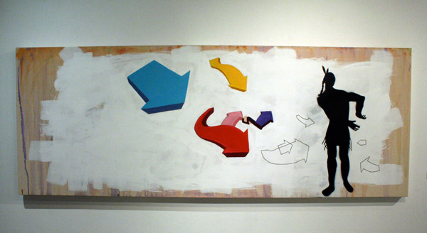Shot With Arrows, American Indian Whitewash Graffiti, 2009 Stenciled Spray Painting, Acrylic on Canvas 30 inches x 84 inches
