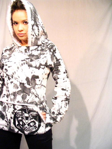 Muksmool hoodie, Hand dyed cotton, synthetic fur, screenprinting