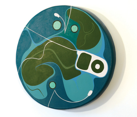 iDrum Personal Totems 1, acrylic on cow hide, 20 inches diameter, 2008