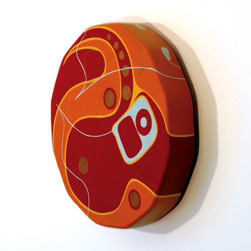 iDrum Personal Totems 2, 16 inches diameter, acrylic on cow hide, 2008