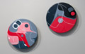(t-b) iDrum: (Red)iscovery3, iDrum: (Red)iscovery, iDrum for the Hummingbird, acrylic on cow hide, 20 inches diameter, 2008